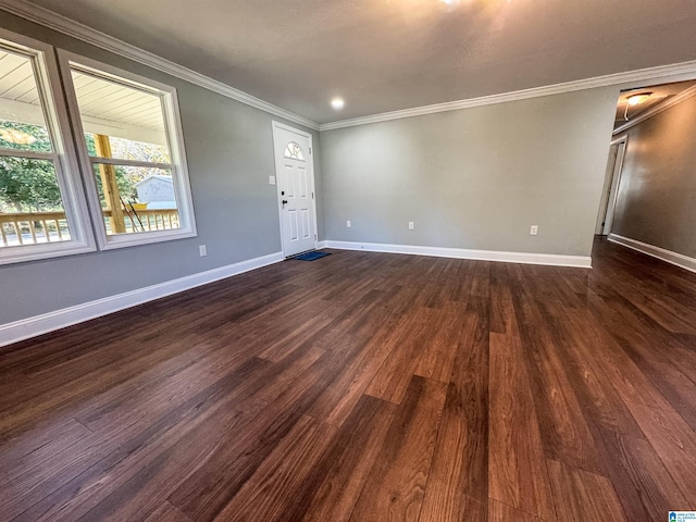 spare room featuring dark hardwood / wood-style flooring and ornamental molding