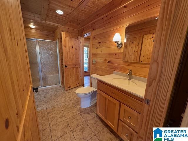 bathroom featuring wooden ceiling, an enclosed shower, toilet, wooden walls, and vanity