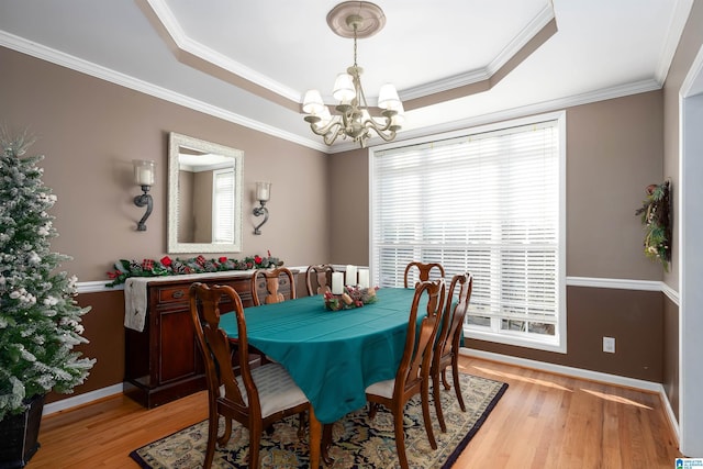 dining area with ornamental molding, light hardwood / wood-style flooring, and a healthy amount of sunlight