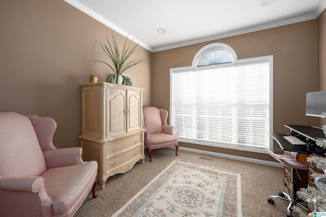 sitting room featuring light colored carpet and ornamental molding