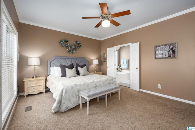 bedroom with carpet flooring, ceiling fan, ornamental molding, and ensuite bath