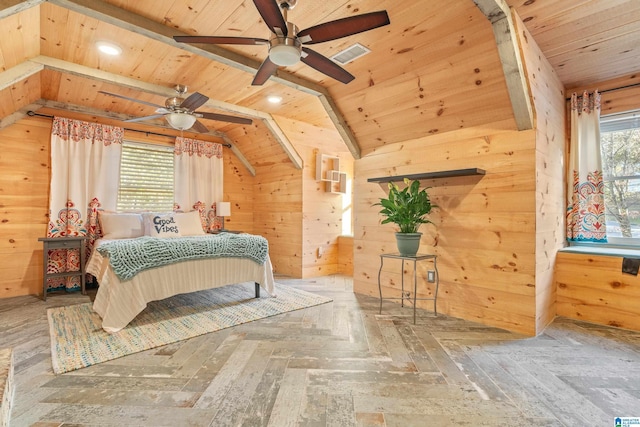 bedroom featuring ceiling fan, parquet floors, wood walls, lofted ceiling, and wood ceiling