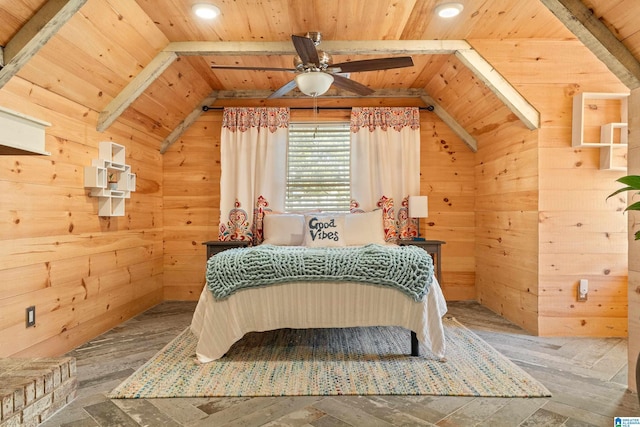 bedroom with wood ceiling, wooden walls, and lofted ceiling with beams