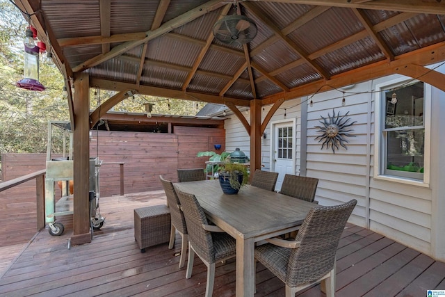 deck featuring a gazebo and ceiling fan