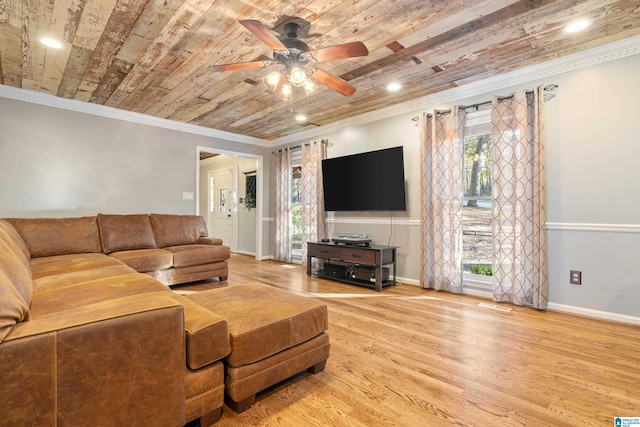 living room featuring wood-type flooring, crown molding, ceiling fan, and wooden ceiling