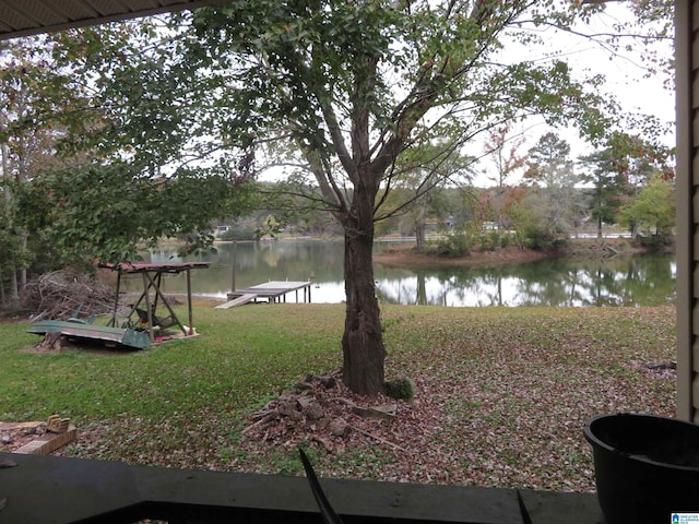 view of yard with a boat dock and a water view