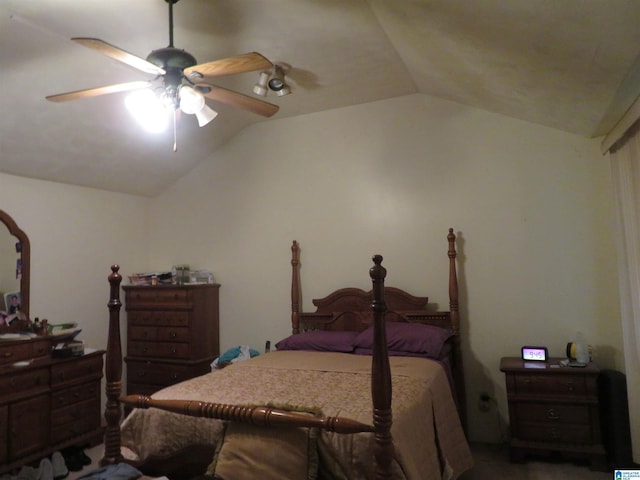 bedroom with ceiling fan and vaulted ceiling