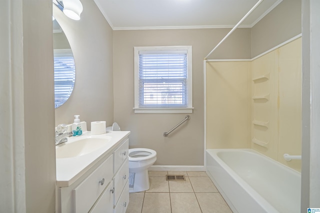 full bathroom featuring vanity, shower / tub combination, tile patterned floors, toilet, and ornamental molding