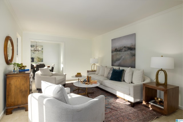 carpeted living room with crown molding and a notable chandelier