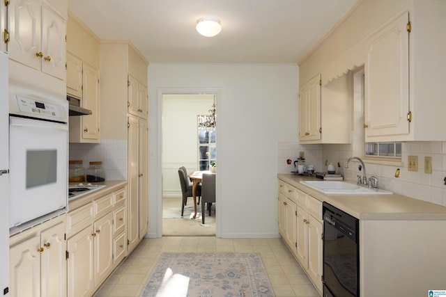 kitchen with white appliances, crown molding, sink, decorative backsplash, and light tile patterned flooring