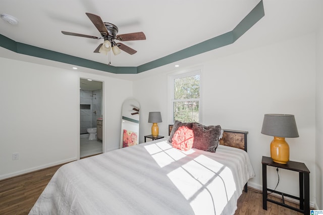 7321 Naples Ave, Birmingham, AL 35206 - bedroom with wood finished floors, baseboards, recessed lighting, ensuite bath, and a ceiling fan