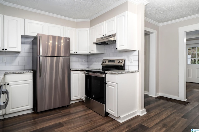 kitchen featuring white cabinets, dark hardwood / wood-style floors, light stone countertops, ornamental molding, and appliances with stainless steel finishes