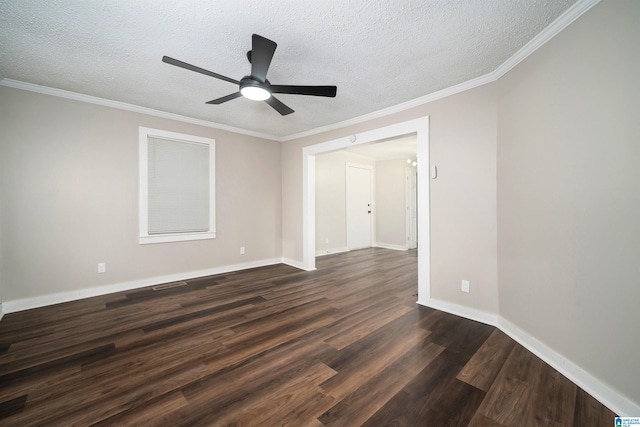 unfurnished room with a textured ceiling, ceiling fan, ornamental molding, and dark wood-type flooring