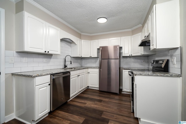 kitchen featuring white cabinetry, sink, stone counters, dark hardwood / wood-style flooring, and appliances with stainless steel finishes