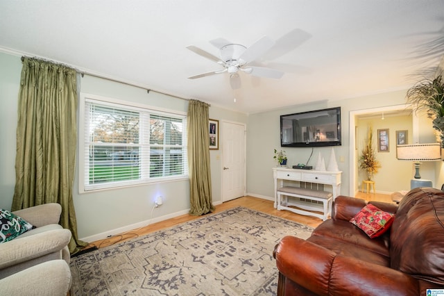 living room featuring ceiling fan, crown molding, and wood-type flooring