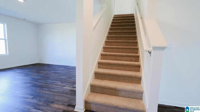 staircase with hardwood / wood-style floors