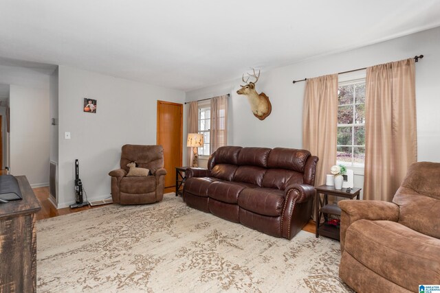 living room with light hardwood / wood-style flooring