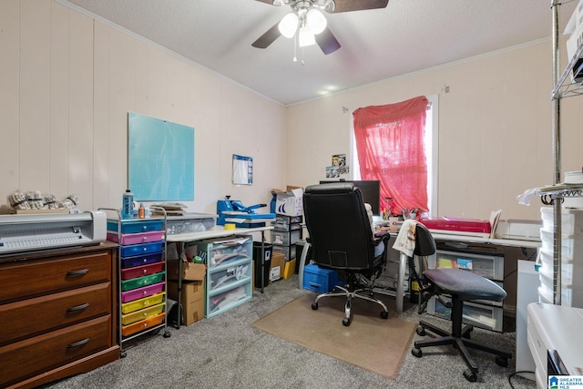 office featuring carpet, a textured ceiling, ceiling fan, and crown molding