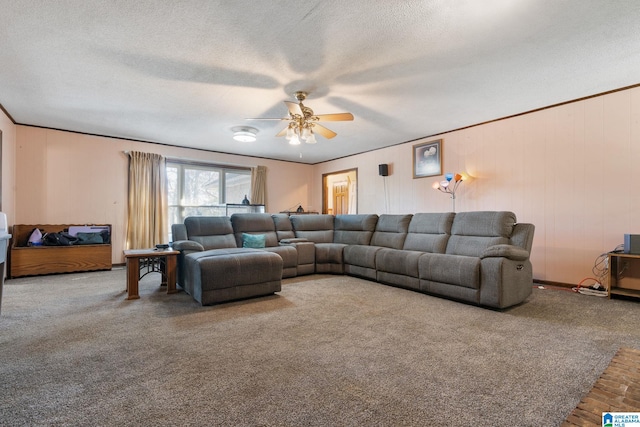 living room featuring carpet, ceiling fan, and a textured ceiling