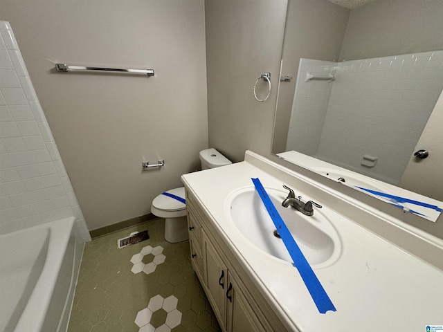 full bathroom with plus walk in shower, vanity, toilet, and tile patterned flooring