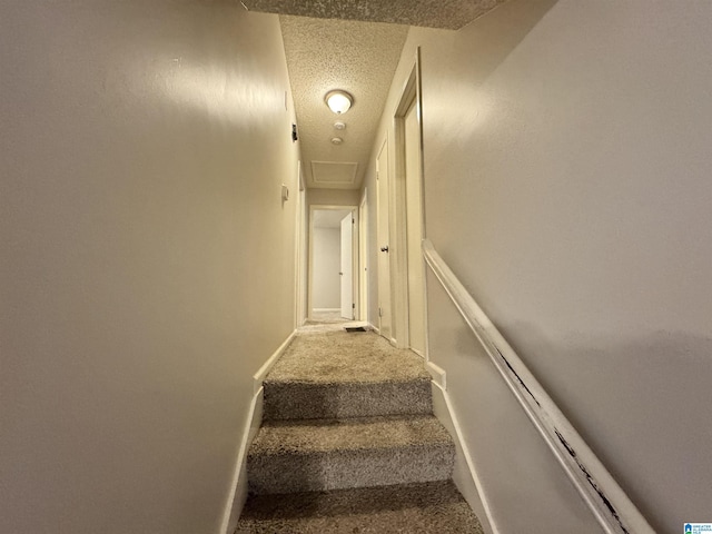 stairs featuring carpet and a textured ceiling