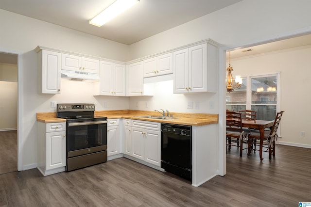 kitchen with sink, dishwasher, butcher block countertops, white cabinetry, and stainless steel electric range