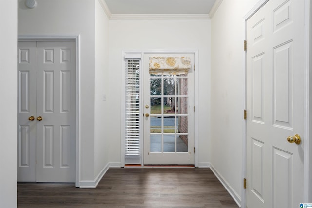 entryway featuring crown molding and dark hardwood / wood-style floors