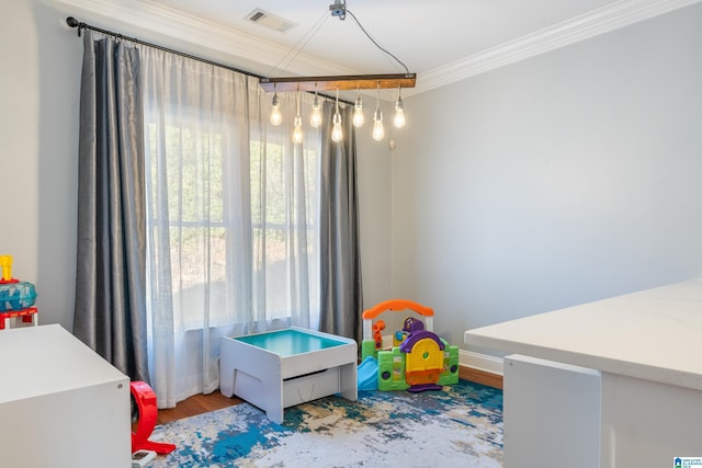 playroom featuring wood-type flooring and crown molding