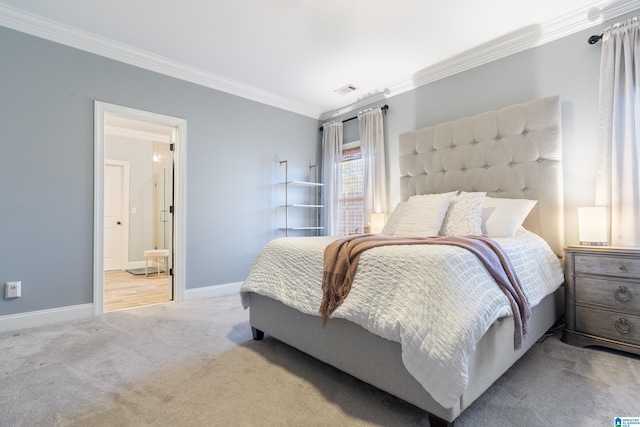 bedroom with light colored carpet and ornamental molding