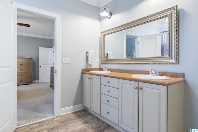 bathroom with vanity, wood-type flooring, and ornamental molding