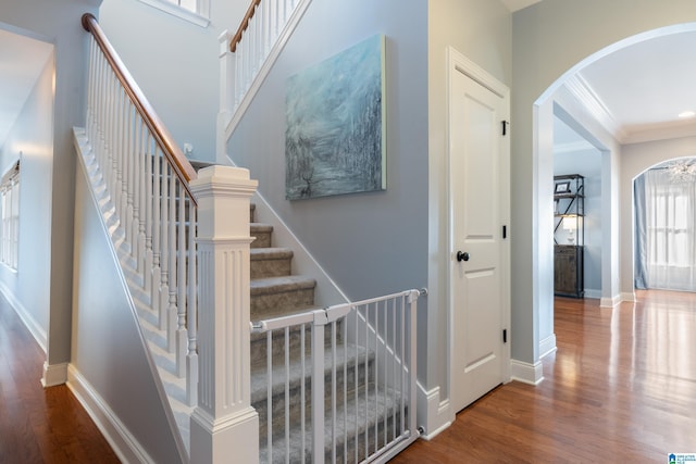 staircase with wood-type flooring and ornamental molding