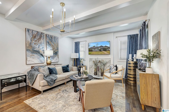 living room with a chandelier, beamed ceiling, and dark wood-type flooring