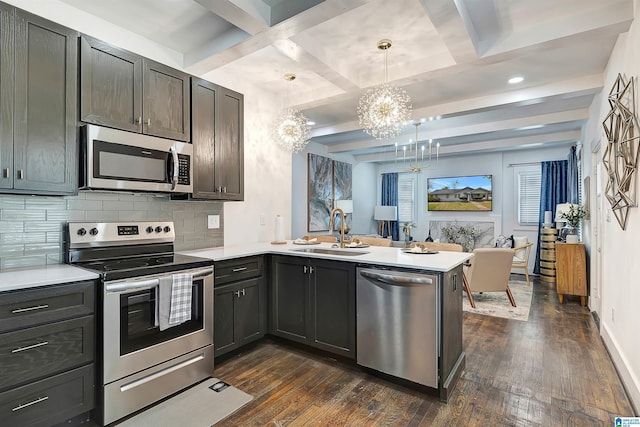 kitchen with sink, hanging light fixtures, dark hardwood / wood-style floors, kitchen peninsula, and stainless steel appliances