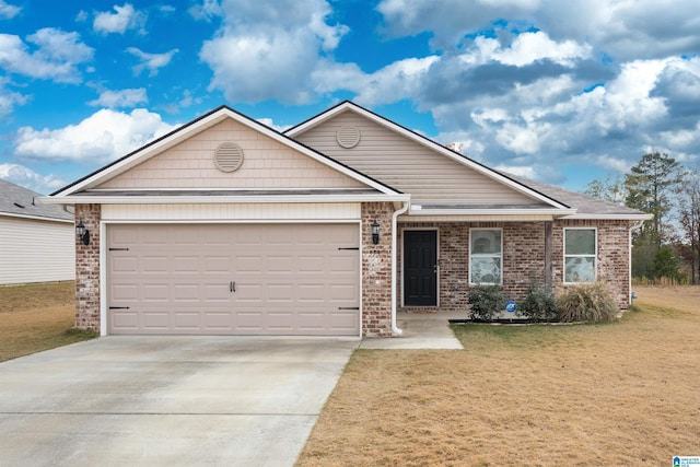 ranch-style house with a front yard and a garage