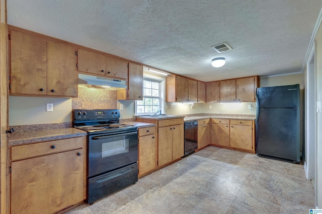 kitchen featuring a textured ceiling, backsplash, ornamental molding, and black appliances