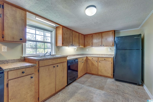 kitchen with sink, a textured ceiling, crown molding, and black appliances