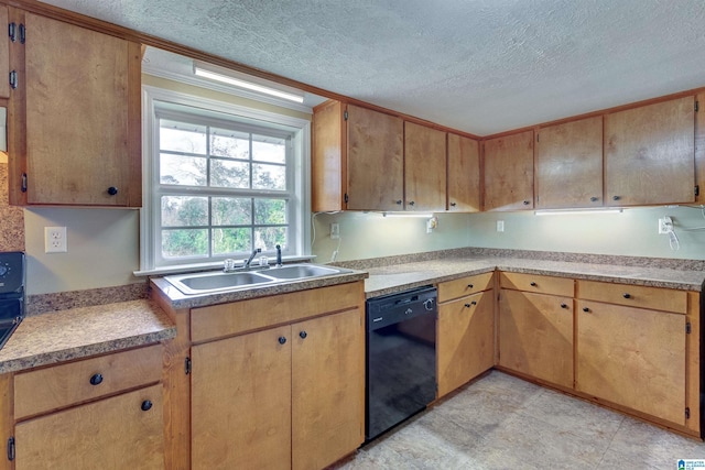 kitchen featuring crown molding, sink, a textured ceiling, and black dishwasher