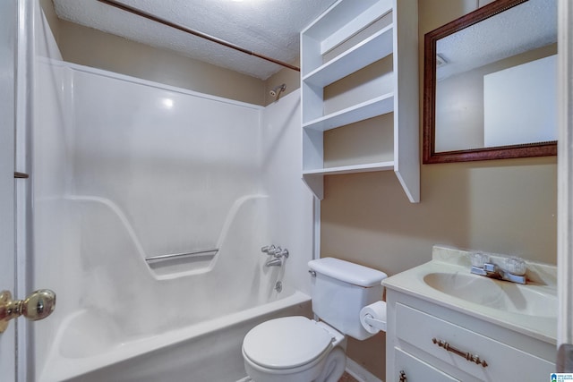 full bathroom with vanity, shower / bathing tub combination, a textured ceiling, and toilet