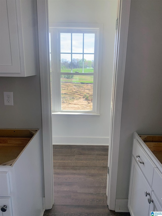 interior space with white cabinets and dark wood-type flooring