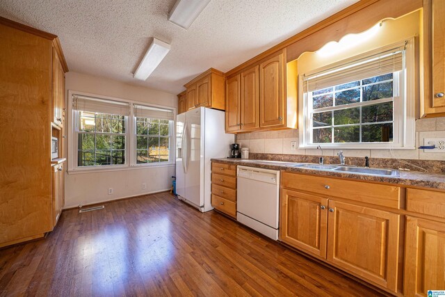 kitchen with white appliances, sink, a textured ceiling, tasteful backsplash, and dark hardwood / wood-style flooring