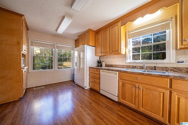 3501 Laurel View Ln, Hoover, AL 35216 - kitchen featuring white appliances, a sink, a textured ceiling, dark wood-style flooring, and healthy amount of natural light