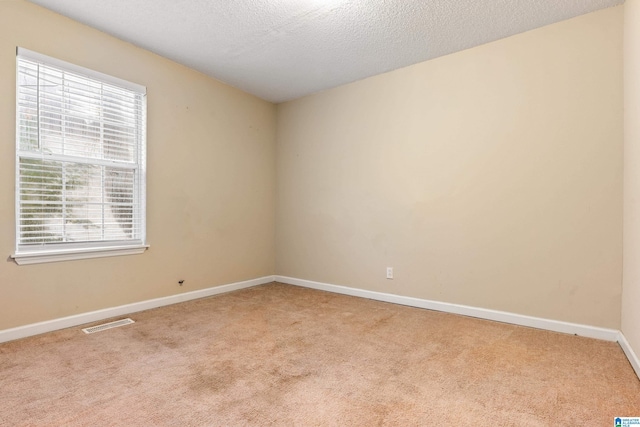 carpeted empty room featuring a textured ceiling