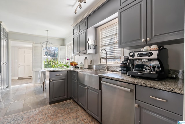 kitchen with gray cabinetry, hanging light fixtures, stainless steel dishwasher, ornamental molding, and a chandelier