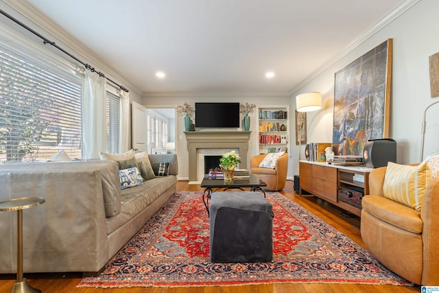 living room featuring wood-type flooring and ornamental molding