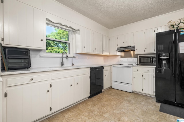 kitchen with decorative backsplash, a textured ceiling, sink, black appliances, and white cabinetry