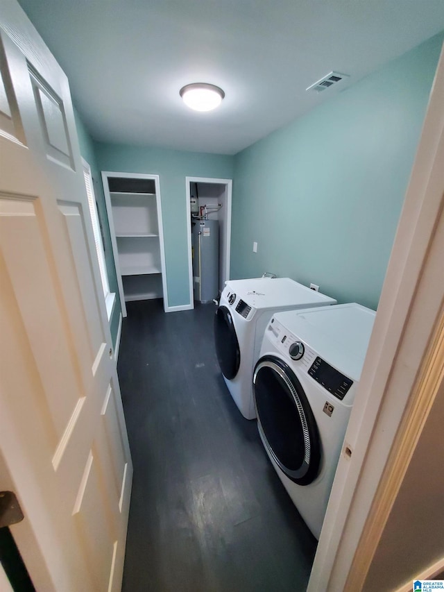 1245 16th St SW, Birmingham, AL 35211 - laundry area featuring water heater, washer and dryer, and dark wood-style flooring