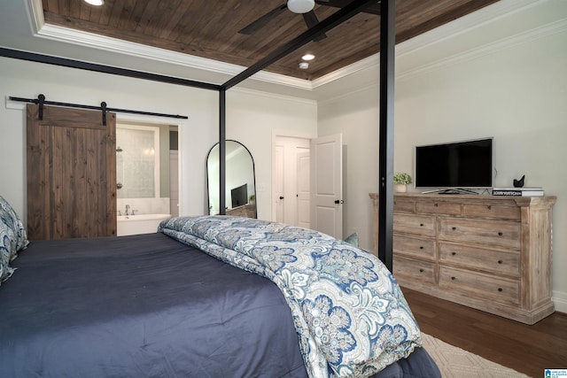 bedroom with wood ceiling, ceiling fan, wood-type flooring, a barn door, and connected bathroom