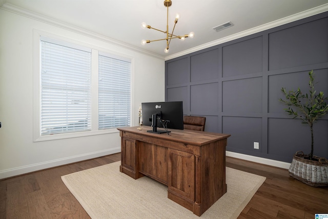 office with an inviting chandelier, dark hardwood / wood-style floors, and ornamental molding