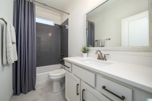 full bathroom featuring tile patterned floors, vanity, shower / tub combo with curtain, crown molding, and toilet