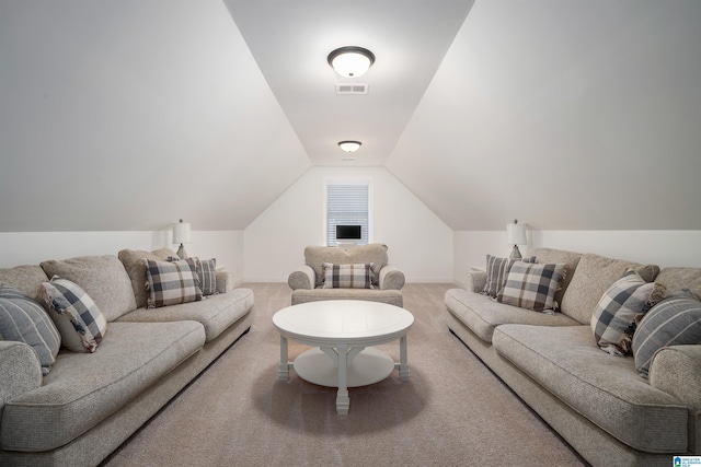 living room with carpet and lofted ceiling